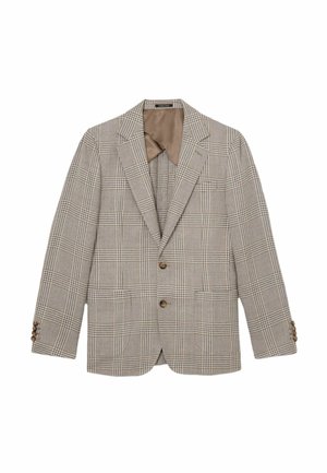 Bézs és barna kockás blézer két gombbal, kivágott hajtókával, gombos mandzsettával és világosbarna bélés belsővel.