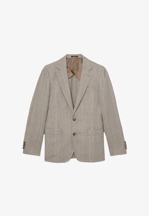 Bézs és barna kockás blézer két gombbal, kivágott hajtókával, gombos mandzsettával és világosbarna bélés belsővel.
