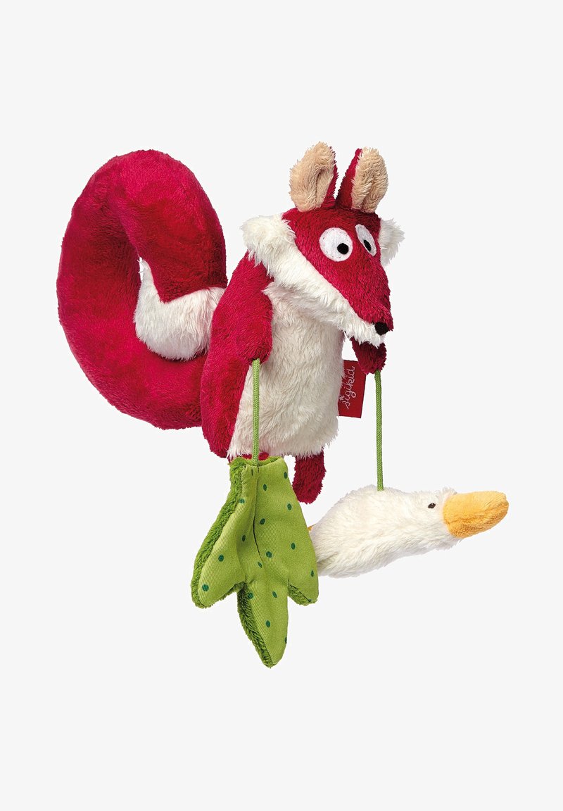 Plush toy of a red fox with white accents, holding a white duck with an orange beak, attached by green, polka-dotted fabric hands.