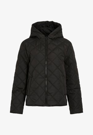 Must räpp, millel on teemantõmblusega tepitud muster, ees lukuga, kapuutsiga ja pikad varrukad, näidatud hallil taustal.