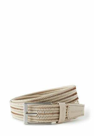 Vævet beige og brun læderbælte med sølv rektangulært spænde, mærket Falconeri på læderloopen og endetip.