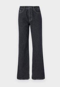 Dark denim flared jeans with a high waist, featuring golden stitching, five pockets, and a button closure. Smooth texture, straight leg design.