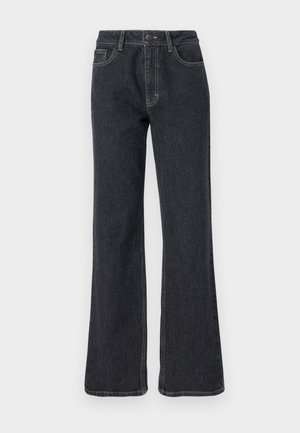 Dark denim flared jeans with a high waist, featuring golden stitching, five pockets, and a button closure. Smooth texture, straight leg design.