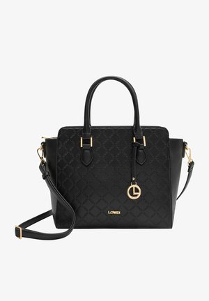Black tote bag with quilted pattern, gold hardware accents, dual handles, and removable shoulder strap. Stamped logo on the front.