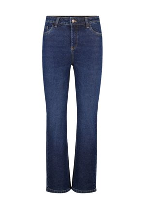 Donkerblauwe denim jeans met een rechte pijpdesign, voorzien van vijf zakken, contrasterende stiksels en een knoopsluiting bij de taille.