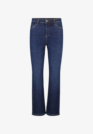 Donkerblauwe denim jeans met een rechte pijpdesign, voorzien van vijf zakken, contrasterende stiksels en een knoopsluiting bij de taille.