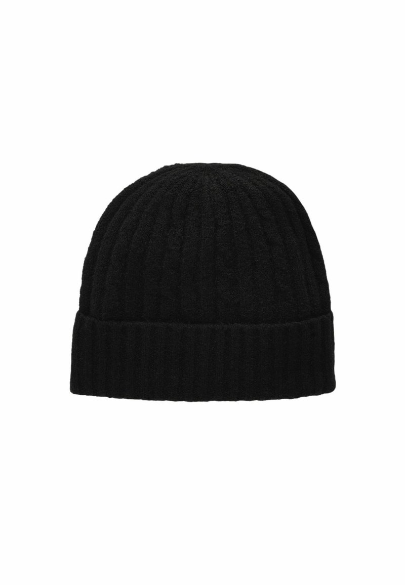 Zwarte wollen beanie met een geribbelde textuur, voorzien van een omgeslagen rand en een gladde bovenkant. Eenvoudig ontwerp, geschikt voor verschillende gelegenheden.