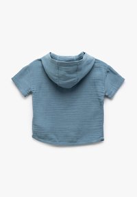Korte mouwen hoodie in lichtblauw, gemaakt van een textuurstof. Heeft een relaxte pasvorm en een ronde zoom met een bijpassende capuchon.