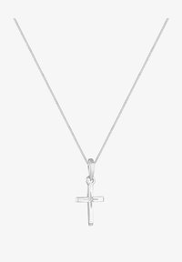 Colgante de cruz plateado en una cadena fina, con una superficie pulida y un diseño sencillo. La cruz presenta un detalle sutil en el centro.