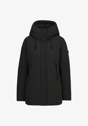 Black padded jacket with a high collar and drawstring hood. Features two zippered side pockets and a straight cut design.