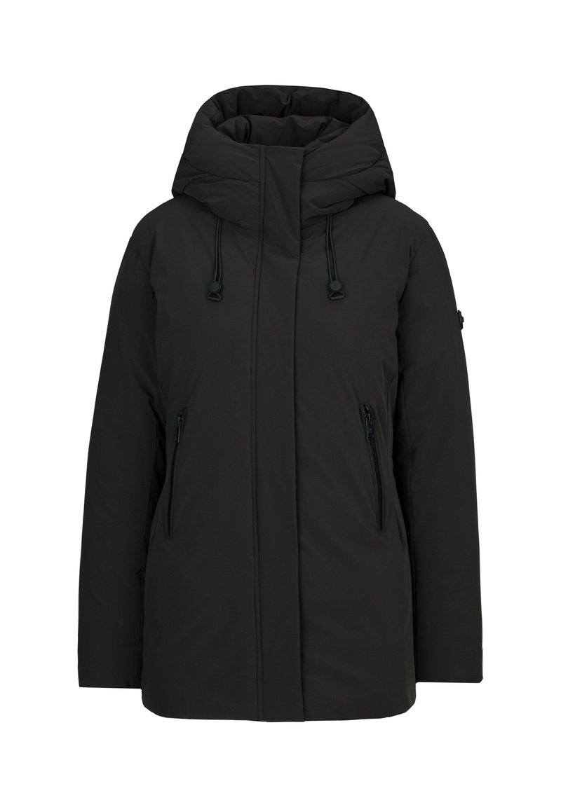 Zwarte gewatteerde jas met een hoge kraag en een capuchon met trekkoord. Voorzien van twee met rits sluitende zijzakken en een recht gesneden ontwerp.
