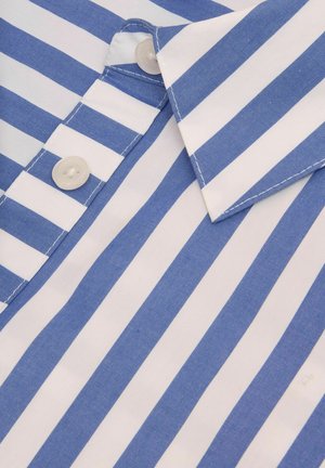 Blaue und weiße gestreifte Baumwollbluse mit spitzem Kragen und zwei runden weißen Knöpfen auf der Vorderseite. Glatte Textur, regulärer Schnitt.