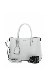 Light gray leather handbag with dual handles, adjustable shoulder strap, embossed logo, and luggage tag. Features black strap with white text.