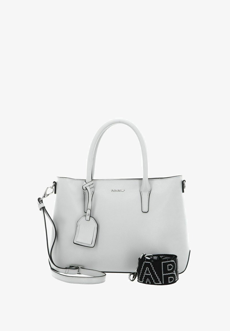 Light gray leather handbag with dual handles, adjustable shoulder strap, embossed logo, and luggage tag. Features black strap with white text.