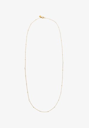 Collana delicata a catena d'oro con piccole perle bianche distribuite uniformemente e una chiusura rotonda in oro.