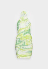 Vestido mini de alça com um padrão de mármore verde e amarelo em fundo branco. Tecido suave com um design ajustado ao corpo.