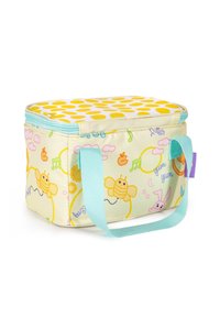 Rechteckige isolierte Lunch-Tasche mit gelbem Punktemuster auf dem Deckel, pastellblauen Griffen und Mustern von Cartoon-Bienen, -Hasen und Musiknoten an den Seiten.