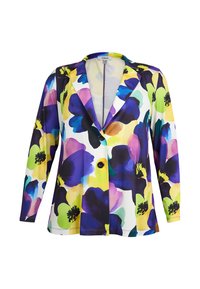 Blazer à manches longues avec un grand imprimé floral bleu, violet, jaune et vert, col cranté et deux boutons devant.