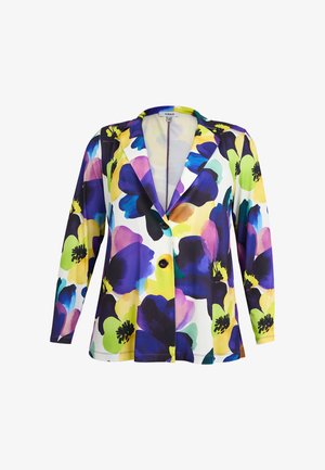 Blazer mit langen Ärmeln, großem Blumenmuster in Blau, Lila, Gelb und Grün, Reverskragen und zwei vorderen Knöpfen.