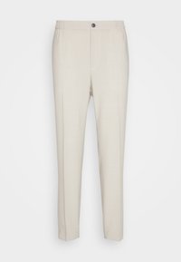 Beige, gerade geschnittene Hose mit elastischem Bund, Knopfverschluss und maßgeschneiderten Bügelfalten vorne.