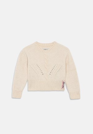 Maglione lavorato a maglia color crema con orlo a coste, dettagli a trecce e design corto. Include un piccolo etichetta con il marchio sul lato.