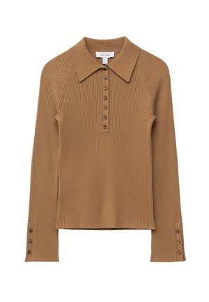 Ribbed, long-sleeve, brown polo top with a collar and six button placket. Features side slits and button accents at sleeve cuffs.