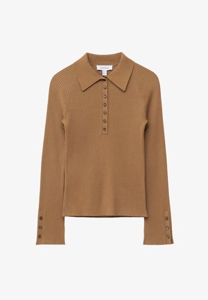 Geribbelde, lange mouwen, bruine polo met een kraag en zes knopen aan de sluiting. Bevat zijsplitten en knoopaccenten op de mouwmanchetten.