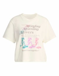 Korte mouwen crèmekleurig T-shirt met een kleurrafdruk van fitnessfiguren, tekstontwerpen en een comfortabele pasvorm. Katoenmengsel.