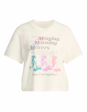 Kurzärmliges Creme-T-Shirt mit einem bunten Grafikdesign, das Fitnessfiguren, Textdesigns und einen lässigen Schnitt zeigt. Aus Baumwollmischung.