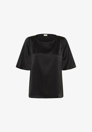 Satin black top with short sleeves, scoop neckline, relaxed fit, smooth texture, and subtle sheen. No patterns or hardware visible.