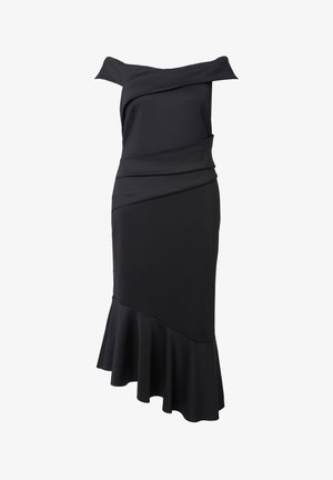 Schwarzes Schulterfreies Kleid mit drapiertem Design, tailliertem Oberteil und asymmetrischem Saum mit einem ausgestellten Volant am unteren Rand. Glatte Stoffstruktur.