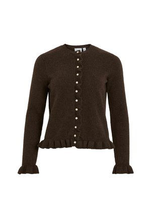 Gilet en laine marron avec un col rond, un ourlet et des poignets volants, et une rangée de boutons semblables à des perles sur le devant. Texture douce, design ajusté.