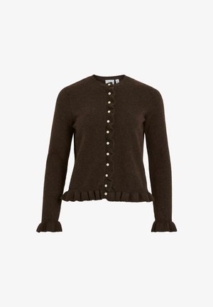 Rudas vilnonis kardiganas su apvaliu kaklu, volaniniu kraštu ir gaubtais rankogaliais, bei per visą priekį einančia perlų stiliaus mygtukų eile. Minkšta tekstūra, prigludęs dizainas.