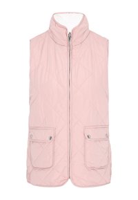 Helles rosa Steppweste mit hohem Kragen, durchgehendem Reißverschluss und zwei Druckknopf-Taschen. Glatte Textur mit Rautenmuster und ohne Ärmel.