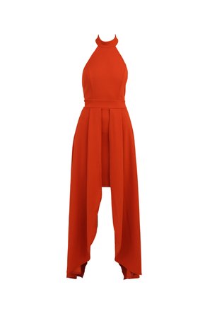 Red sleeveless halter neck dress with a fitted bodice and flowing, asymmetrical skirt, made from a smooth, lightweight fabric.