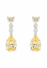 Yellow pear-shaped earrings with clear stones, featuring a heart-shaped top and multiple round accents, set in silver-tone metal.