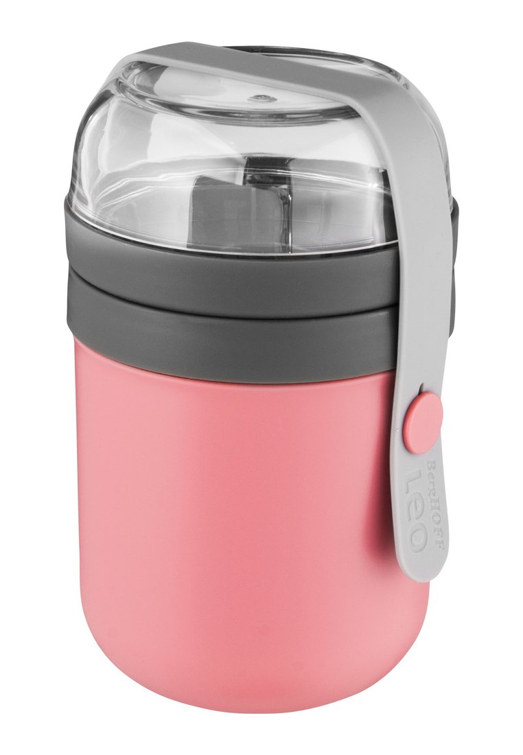 Isolierter Essensbehälter mit einer rosa matten Oberfläche, grauem Silikonband und klarem Kunststoffdeckel. Verfügt über einen Griff und einen Druckknopfverschluss.