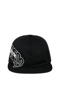 Black cap with a flat brim, display of white embroidered text, stitched eyelets, and a smooth fabric texture. Adjusts at the back.