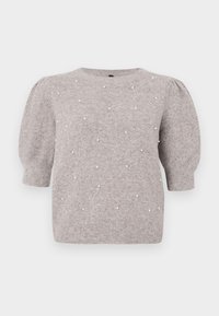 Light gray knitted sweater with a crew neck, puffed short sleeves, and a textured pattern featuring small, evenly spaced white beads.