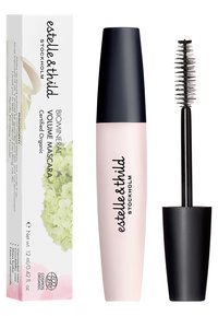 Biomineral volummascara i en lys rosa tube med svart hette, sammen med en svart børste med fine bust, pakket i en blomsterboks.