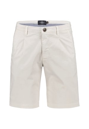 Beige knielange herenshorts met knoop aan de voorkant, ritssluiting, riemlussen en twee voorzakken, getoond op een witte achtergrond.