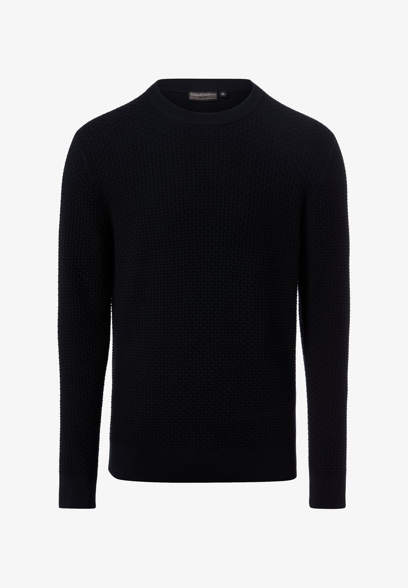 Pull noir à manches longues en maille avec un motif texturé subtil et un col rond, étiqueté "Pine Valley & Harding".