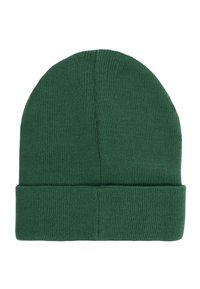 Zielona dzianinowa czapka z mankietem. Charakteryzuje się gęstą siateczkową fakturą i zaokrąglonym wierzchem, wykonana z miękkiego, elastycznego materiału.