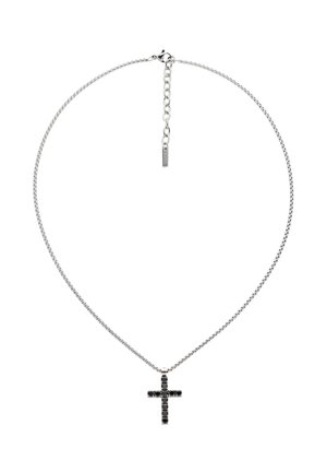 Silberne Halskette mit schwarzem Edelstein-Kreuzanhänger und verstellbarem Verschluss auf weißem Hintergrund.
