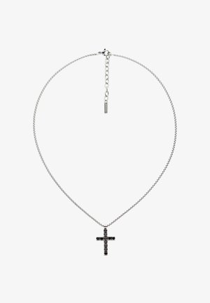 Silver chain necklace with black gemstone cross pendant and adjustable clasp on a white background.
