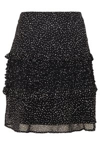 Mustapuku, jossa on valkoisia pistekuvioita, ja helmassa kerrokselliset röyhelöt. Kevyt kangas, jossa on levenevä muoto.