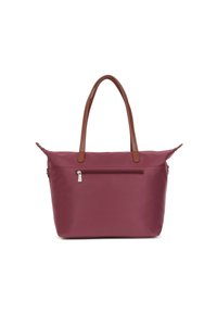 Borsa tote bordeaux con manici in finta pelle marrone, tasca con zip sulla parte anteriore e texture liscia. Chiusura con zip sulla parte superiore.