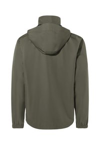 Olijfgroene waterdichte jas met een capuchon, elastische manchetten en een gladde textuur. Het ontwerp is minimalistisch, zonder zichtbare hardware of patronen.