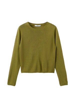 Olivgrüner Strickpullover mit langen Ärmeln, Rundhalsausschnitt sowie gerippten Bündchen und Saum.