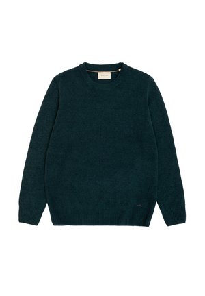 Sweter z okrągłym dekoltem w ciemnym odcieniu teal. Miękka, strukturalna tkanina z prążkowanymi mankietami i dolnym brzegiem. Posiada mały akcent z logo po dolnej stronie.